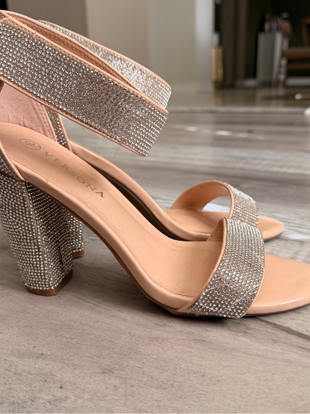 Versona Blush Crystal Block Heel Sandals